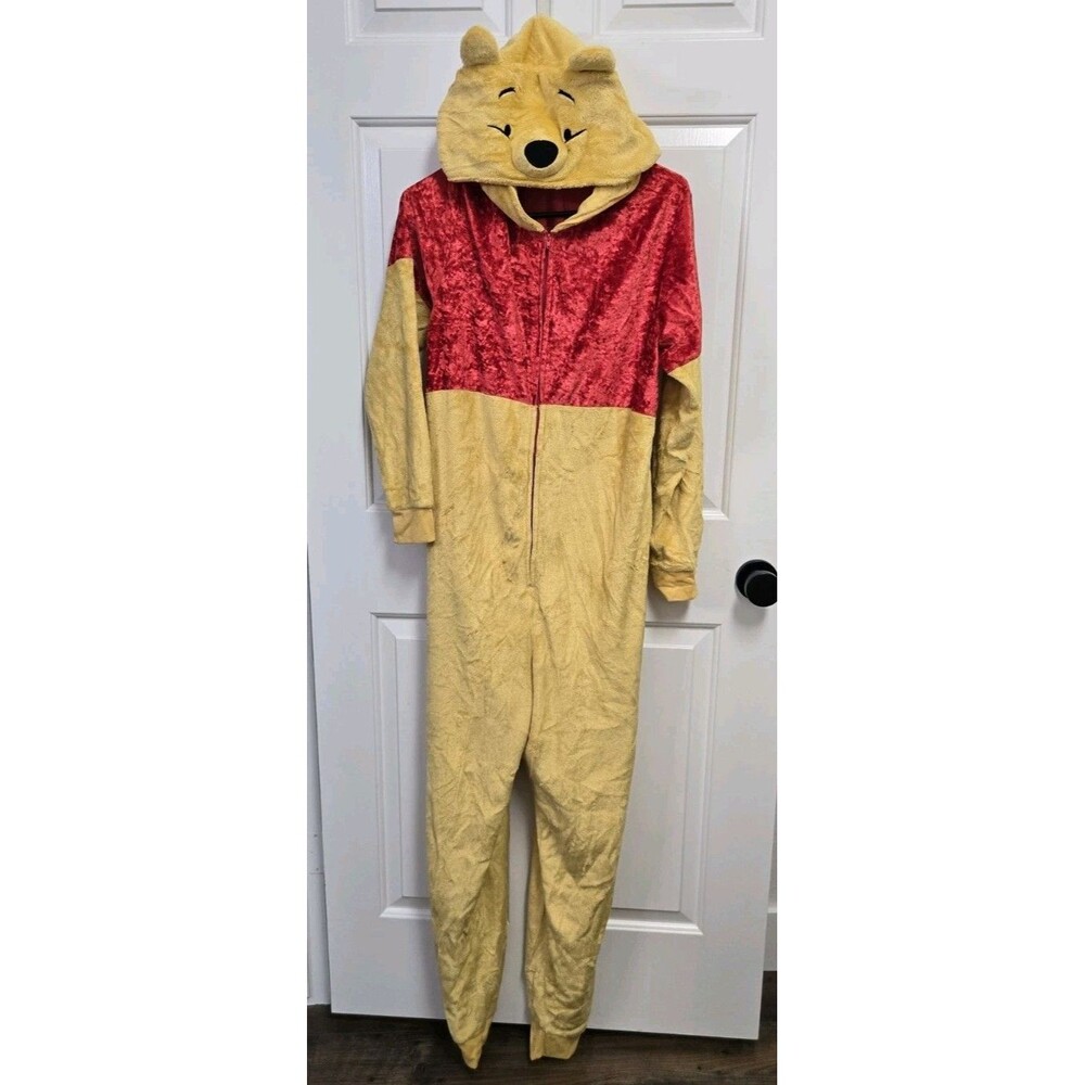 Disney Winnie the Pooh Adult Hooded Pajamas Large 12/14 Yellow